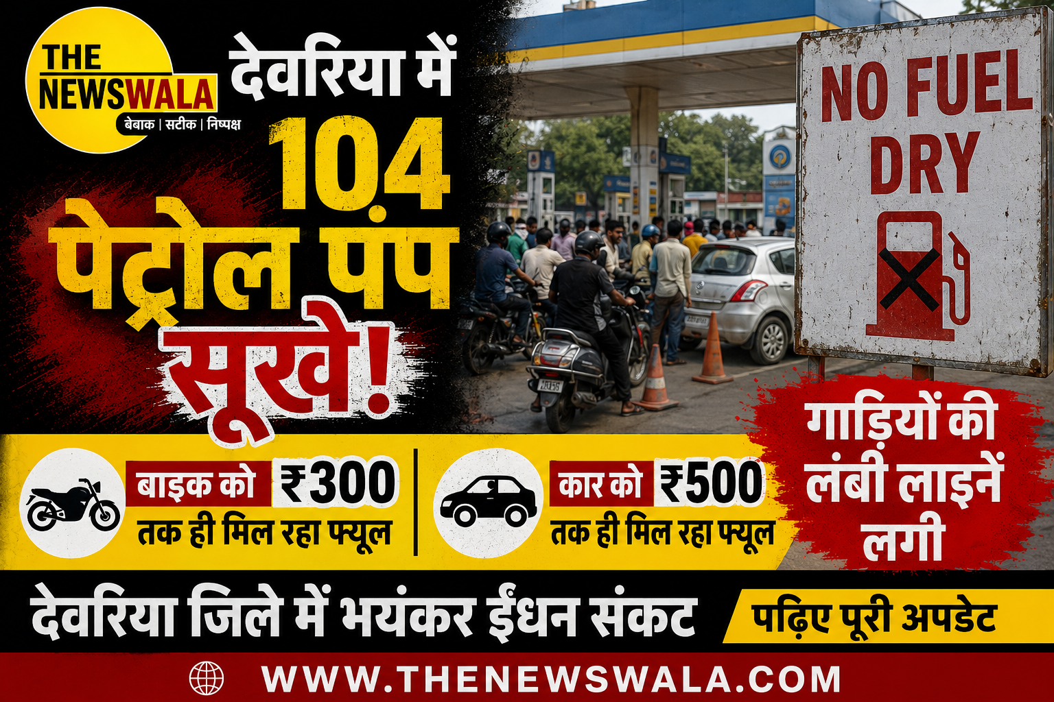 देवरिया में 104 पेट्रोल पंप सूखे: बाइक को ₹300, कार को ₹500 तक ही मिल रहा फ्यूल