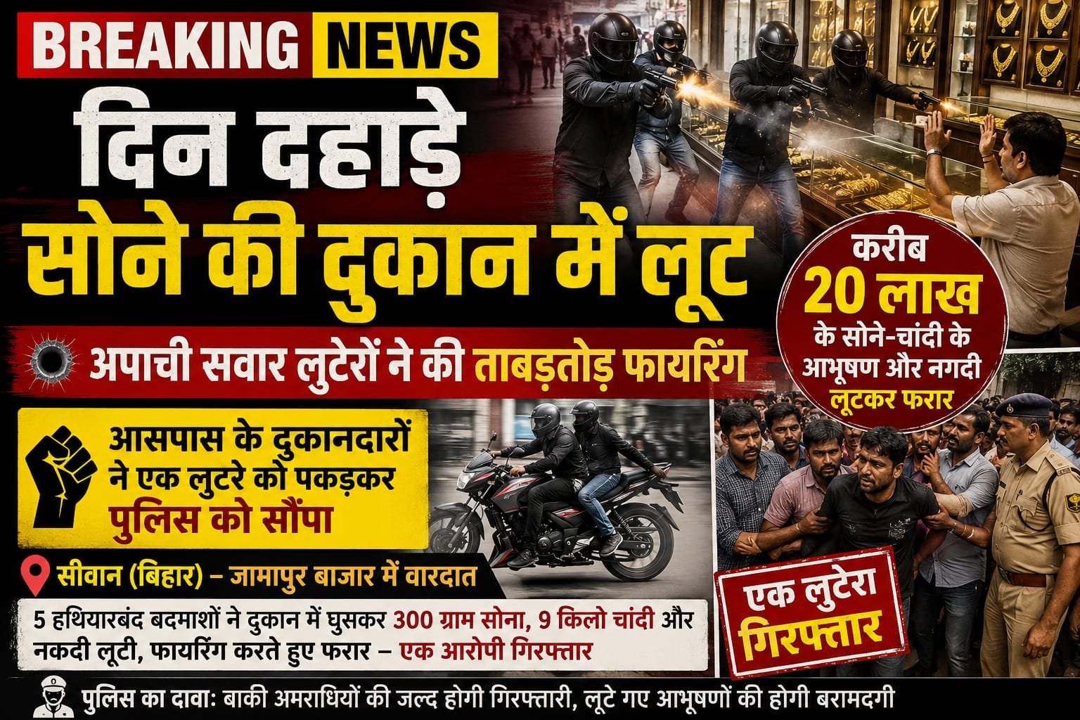 दिन दहाड़े सोने चांदी की दुकान में लूट
